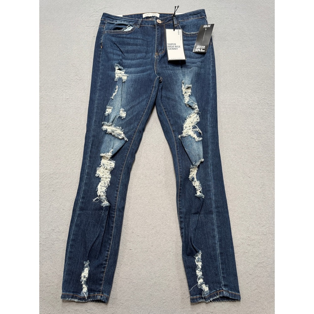 NEW Almost Famous Skinny Jeans Women's 9 Blue Super High Rise Distressed Ripped